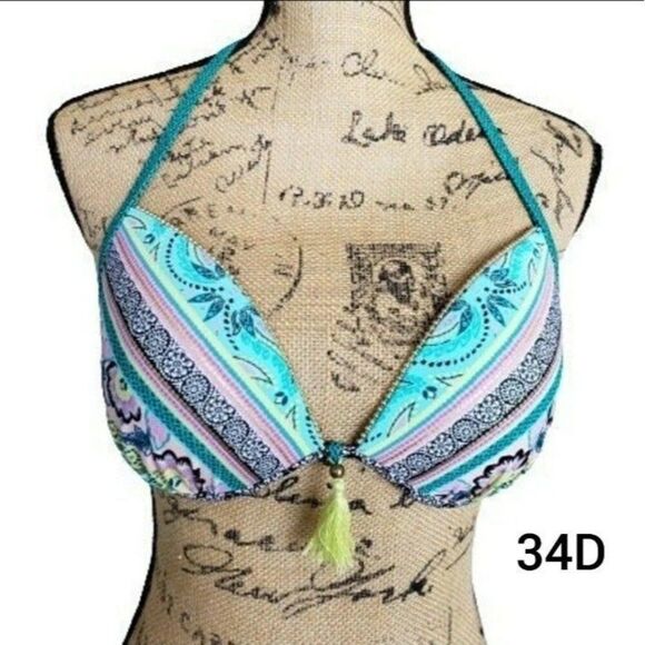 Shade & Shore 34D Halter Bikini Top Tassel Accent Adjustable Ties Women Swimwear - Picture 1 of 8